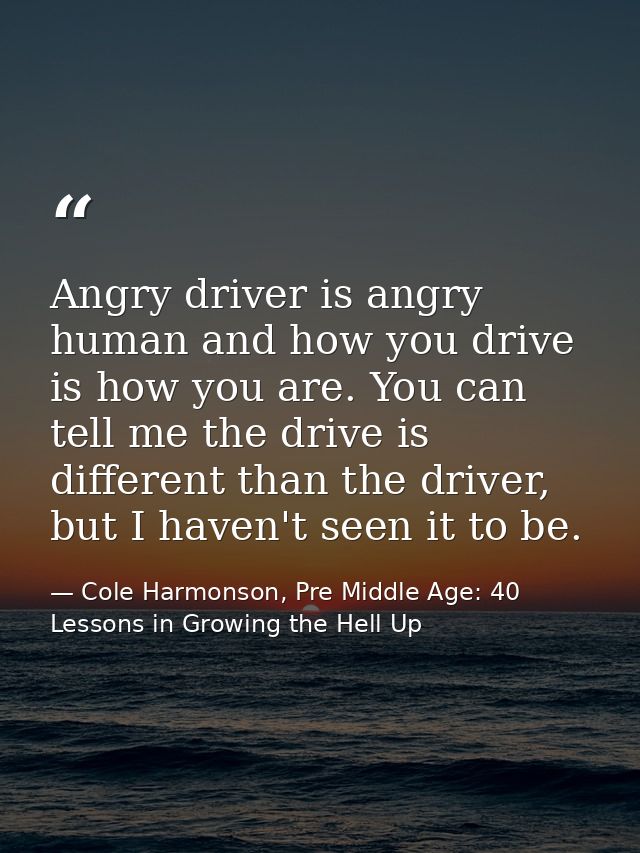 Angry driver is angry human and how you drive is how you are. You can tell me the drive is different than the driver, bu — Cole Harmonson, Pre Middle Age: 40 Lessons in Growing the Hell Up