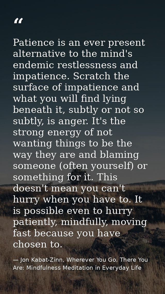 Patience is an ever present alternative to the mind's endemic restlessness and impatience. Scratch the surface of impati — Jon Kabat-Zinn, Wherever You Go, There You Are: Mindfulness Meditation in Everyday Life