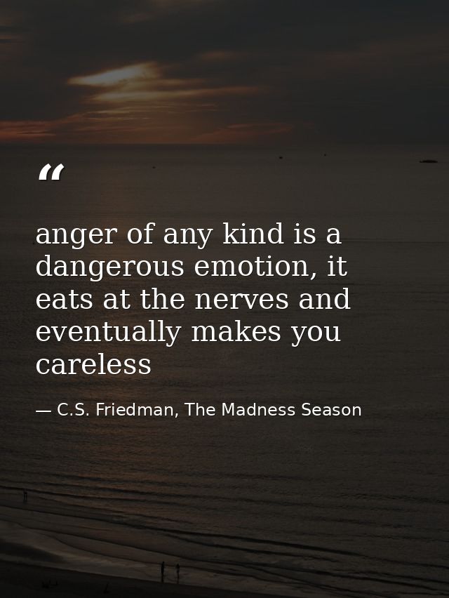 anger of any kind is a dangerous emotion, it eats at the nerves and eventually makes you careless — C.S. Friedman, The Madness Season