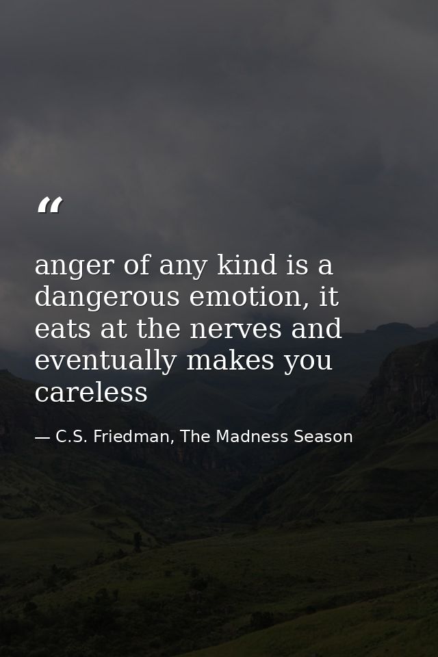 anger of any kind is a dangerous emotion, it eats at the nerves and eventually makes you careless — C.S. Friedman, The Madness Season