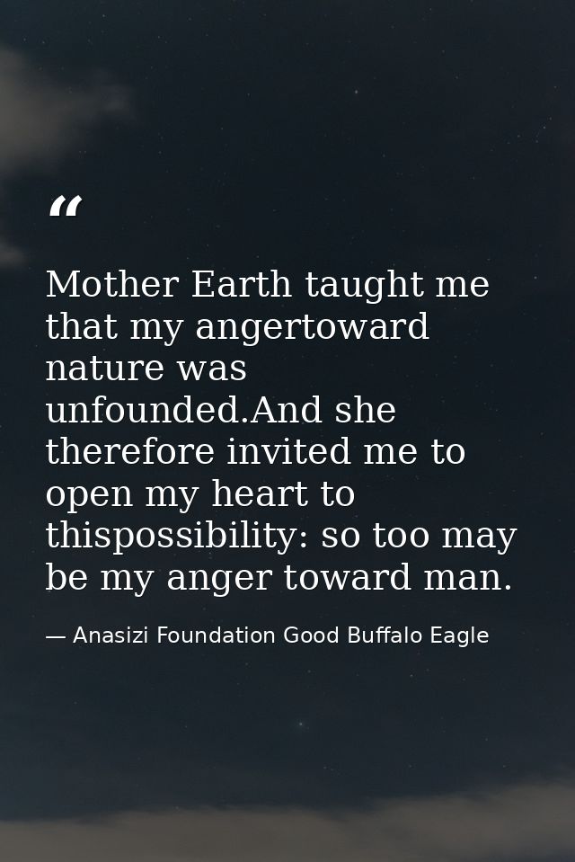 Mother Earth taught me that my angertoward nature was unfounded.And she therefore invited me to open my heart to thispos — Anasizi Foundation Good Buffalo Eagle