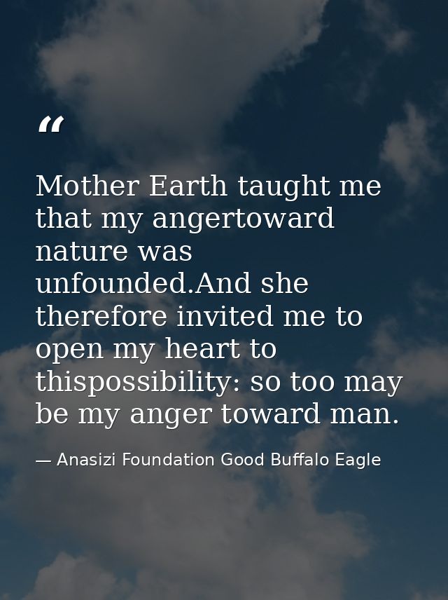Mother Earth taught me that my angertoward nature was unfounded.And she therefore invited me to open my heart to thispos — Anasizi Foundation Good Buffalo Eagle