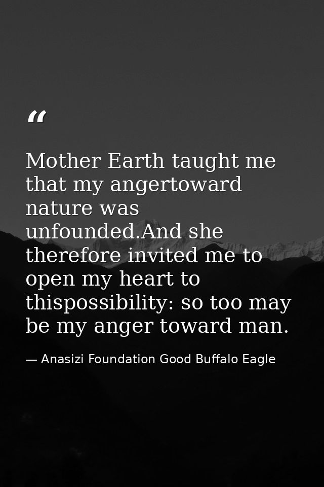 Mother Earth taught me that my angertoward nature was unfounded.And she therefore invited me to open my heart to thispos — Anasizi Foundation Good Buffalo Eagle