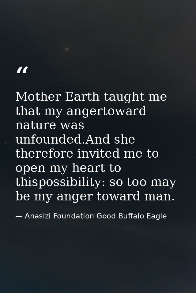 Mother Earth taught me that my angertoward nature was unfounded.And she therefore invited me to open my heart to thispos — Anasizi Foundation Good Buffalo Eagle