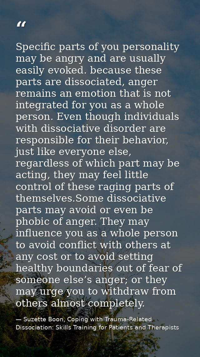 Specific parts of you personality may be angry and are usually easily evoked. because these parts are dissociated, anger — Suzette Boon, Coping with Trauma-Related Dissociation: Skills Training for Patients and Therapists