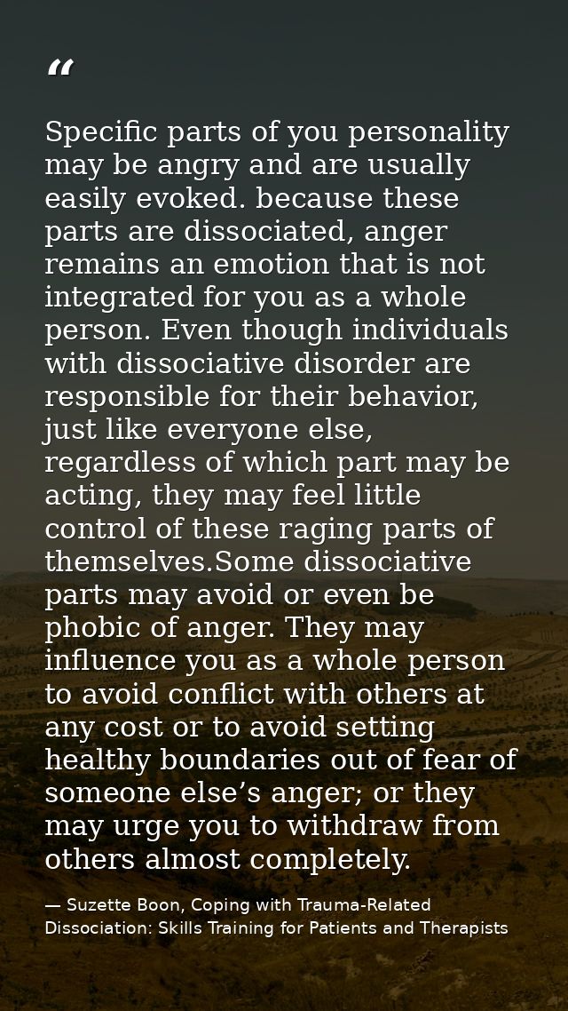 Specific parts of you personality may be angry and are usually easily evoked. because these parts are dissociated, anger — Suzette Boon, Coping with Trauma-Related Dissociation: Skills Training for Patients and Therapists