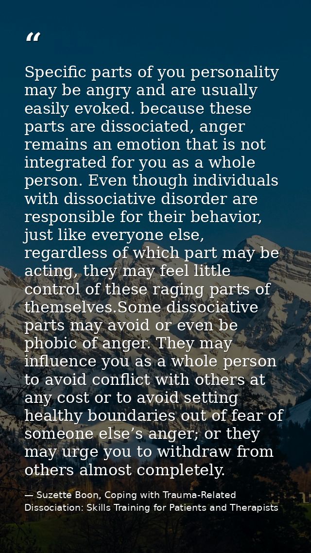 Specific parts of you personality may be angry and are usually easily evoked. because these parts are dissociated, anger — Suzette Boon, Coping with Trauma-Related Dissociation: Skills Training for Patients and Therapists