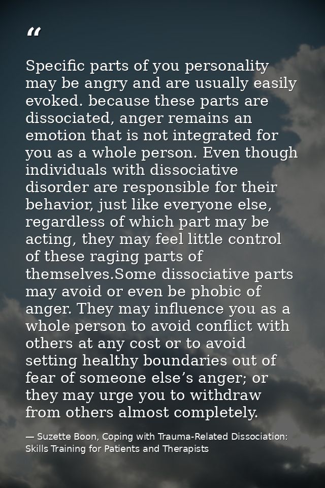 Specific parts of you personality may be angry and are usually easily evoked. because these parts are dissociated, anger — Suzette Boon, Coping with Trauma-Related Dissociation: Skills Training for Patients and Therapists