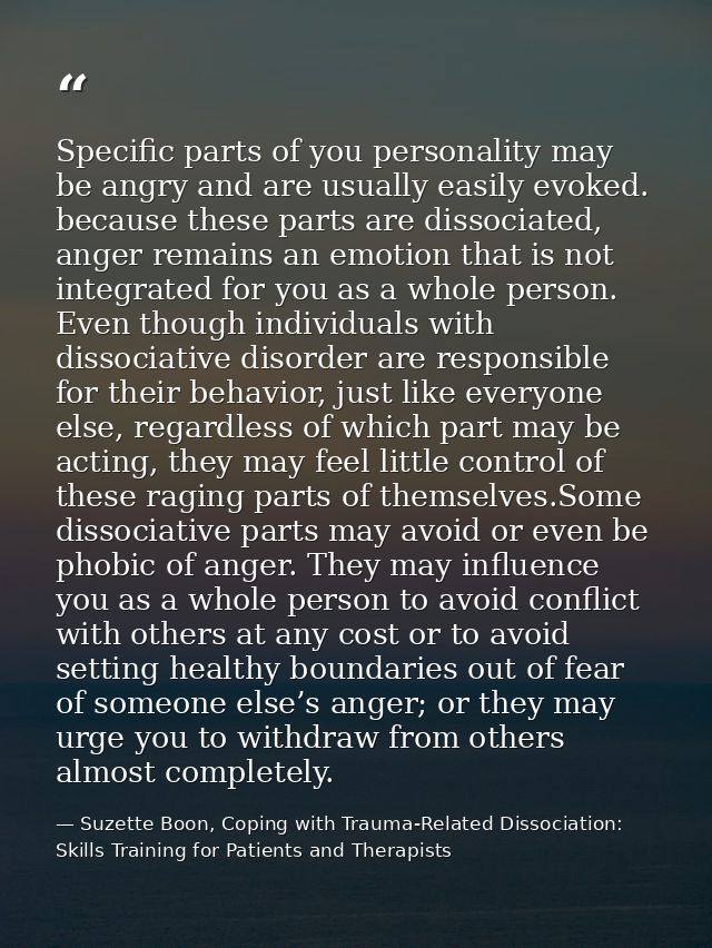 Specific parts of you personality may be angry and are usually easily evoked. because these parts are dissociated, anger — Suzette Boon, Coping with Trauma-Related Dissociation: Skills Training for Patients and Therapists
