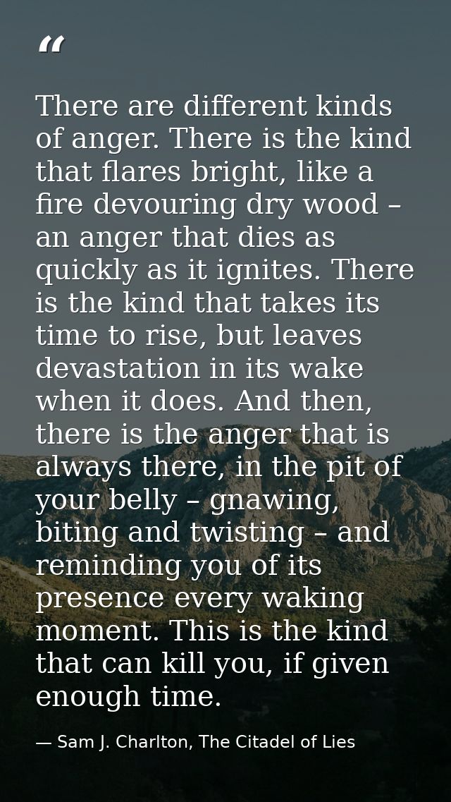 There are different kinds of anger. There is the kind that flares bright, like a fire devouring dry wood – an anger that — Sam J. Charlton, The Citadel of Lies