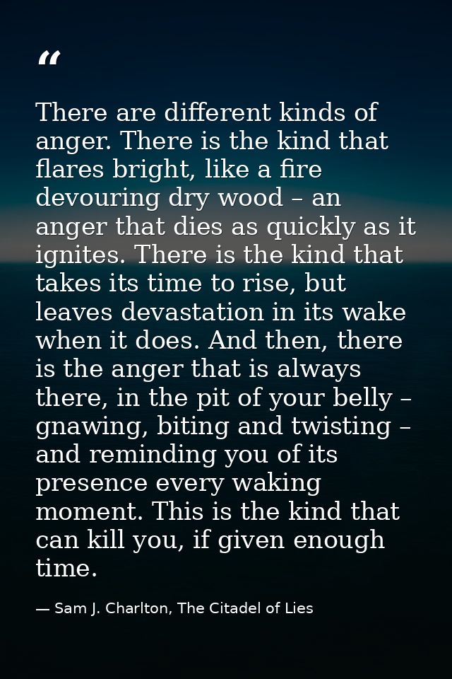 There are different kinds of anger. There is the kind that flares bright, like a fire devouring dry wood – an anger that — Sam J. Charlton, The Citadel of Lies