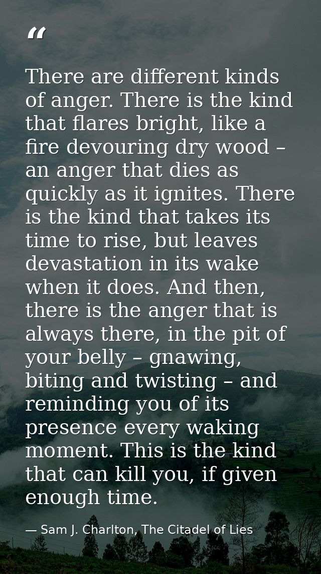 There are different kinds of anger. There is the kind that flares bright, like a fire devouring dry wood – an anger that — Sam J. Charlton, The Citadel of Lies