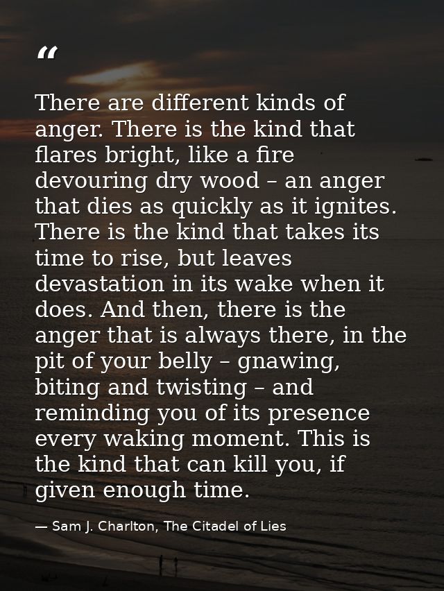 There are different kinds of anger. There is the kind that flares bright, like a fire devouring dry wood – an anger that — Sam J. Charlton, The Citadel of Lies