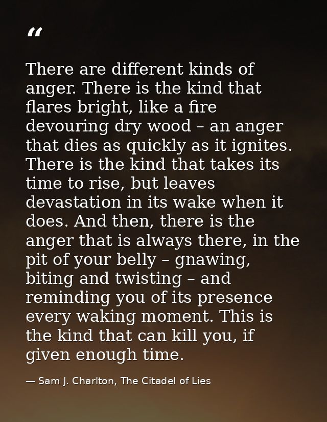 There are different kinds of anger. There is the kind that flares bright, like a fire devouring dry wood – an anger that — Sam J. Charlton, The Citadel of Lies