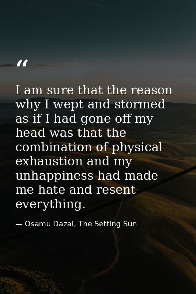 I am sure that the reason why I wept and stormed as if I had gone off my head was that the combination of physical exhau — Osamu Dazai, The Setting Sun