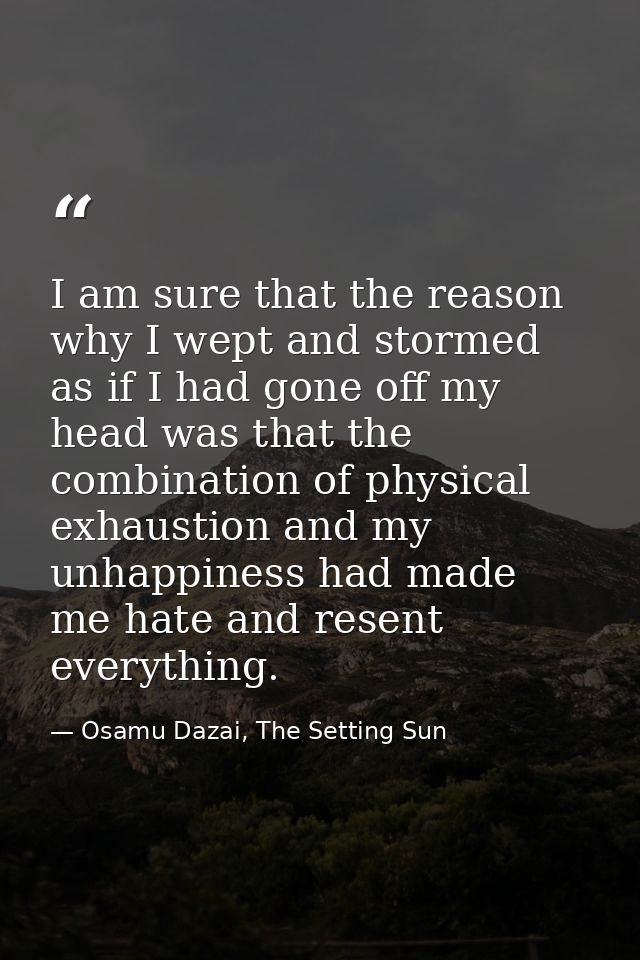 I am sure that the reason why I wept and stormed as if I had gone off my head was that the combination of physical exhau — Osamu Dazai, The Setting Sun