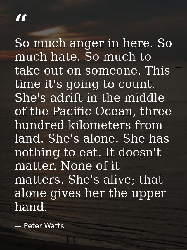So much anger in here. So much hate. So much to take out on someone. This time it's going to count. She's adrift in the  — Peter Watts