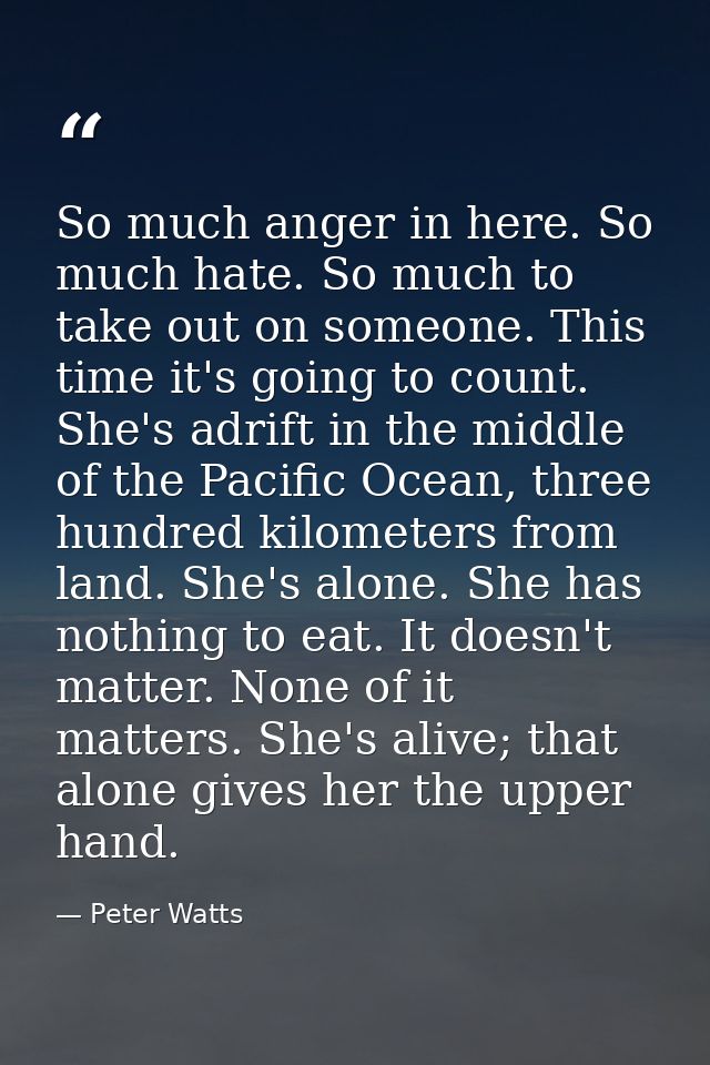 So much anger in here. So much hate. So much to take out on someone. This time it's going to count. She's adrift in the  — Peter Watts