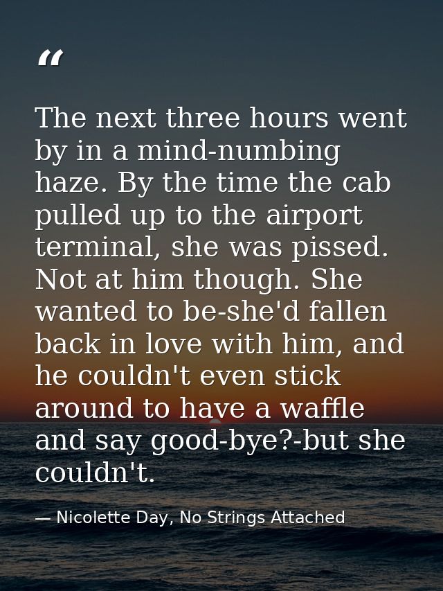 The next three hours went by in a mind-numbing haze. By the time the cab pulled up to the airport terminal, she was piss — Nicolette Day, No Strings Attached