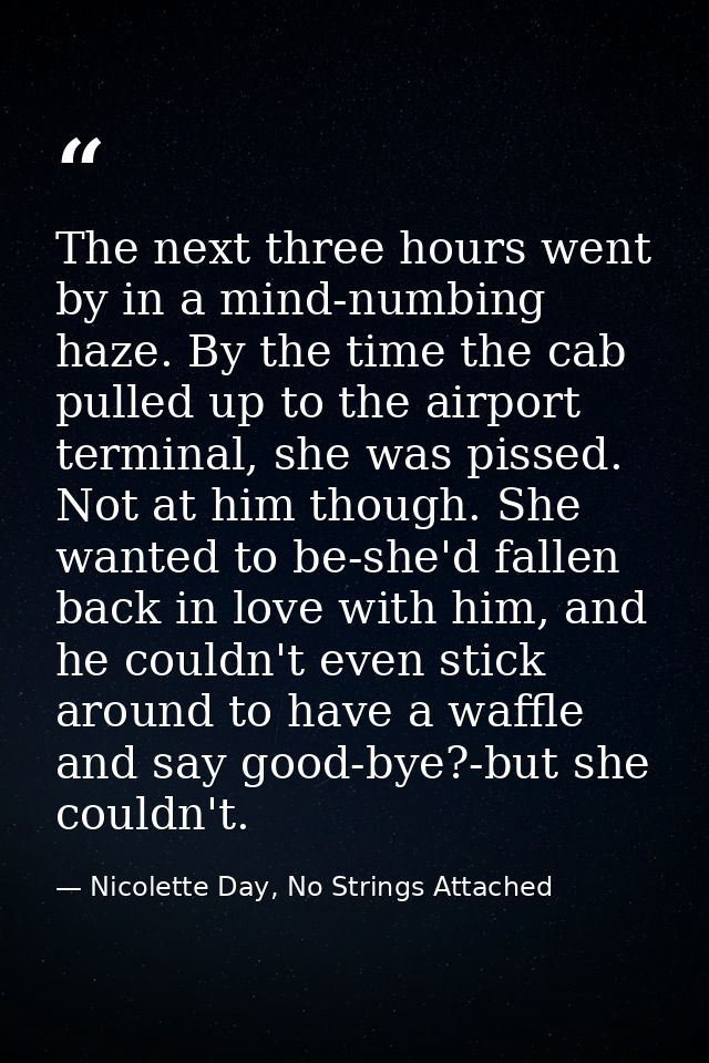 The next three hours went by in a mind-numbing haze. By the time the cab pulled up to the airport terminal, she was piss — Nicolette Day, No Strings Attached