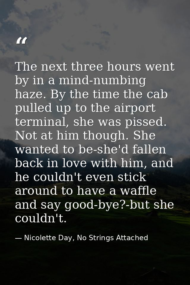 The next three hours went by in a mind-numbing haze. By the time the cab pulled up to the airport terminal, she was piss — Nicolette Day, No Strings Attached