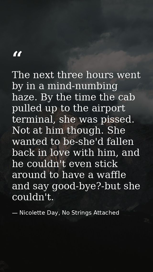 The next three hours went by in a mind-numbing haze. By the time the cab pulled up to the airport terminal, she was piss — Nicolette Day, No Strings Attached