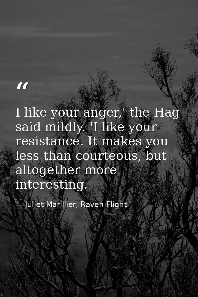 I like your anger,' the Hag said mildly. 'I like your resistance. It makes you less than courteous, but altogether more  — Juliet Marillier, Raven Flight