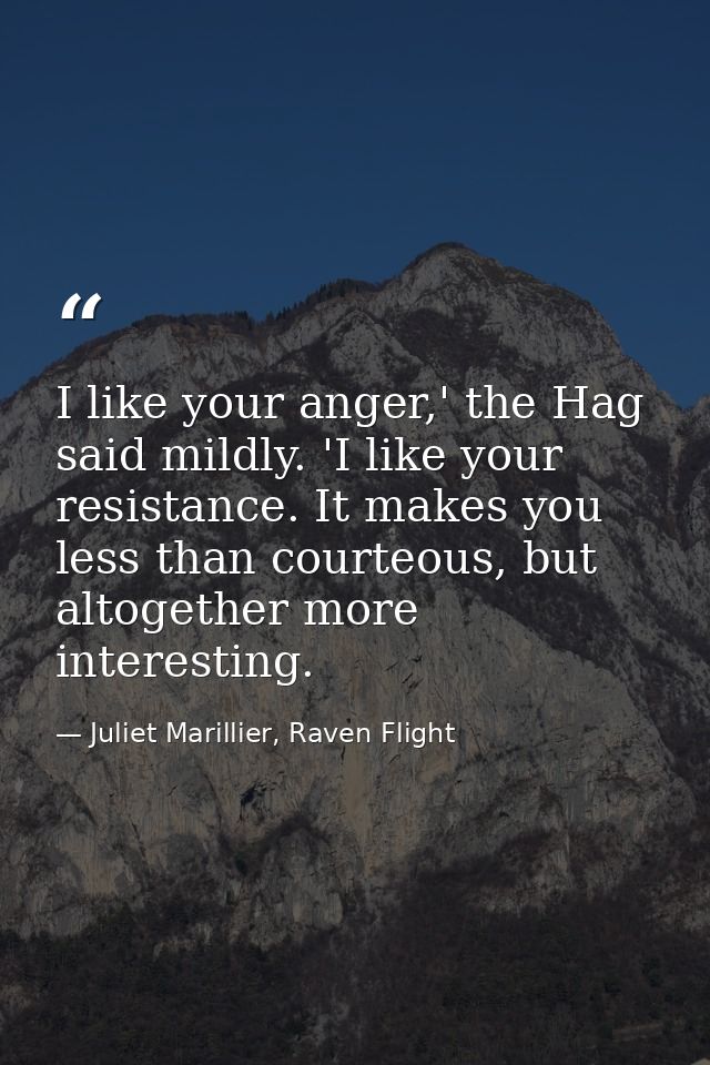 I like your anger,' the Hag said mildly. 'I like your resistance. It makes you less than courteous, but altogether more  — Juliet Marillier, Raven Flight