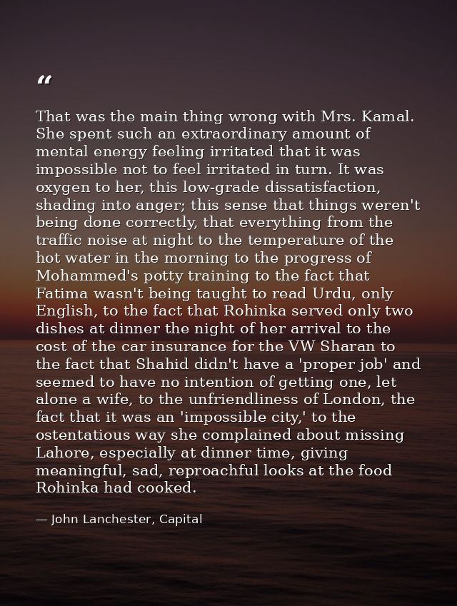 That was the main thing wrong with Mrs. Kamal. She spent such an extraordinary amount of mental energy feeling irritated — John Lanchester, Capital