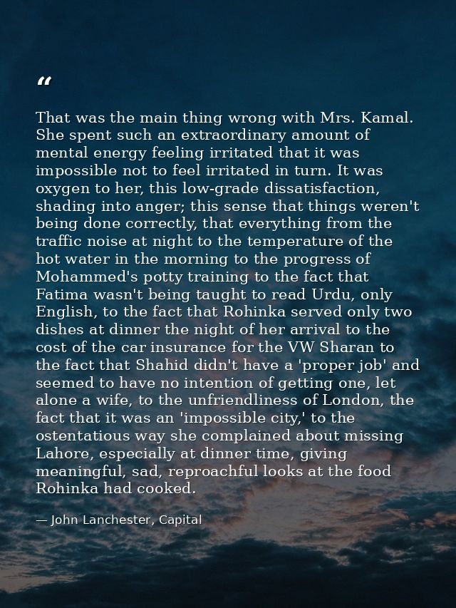 That was the main thing wrong with Mrs. Kamal. She spent such an extraordinary amount of mental energy feeling irritated — John Lanchester, Capital