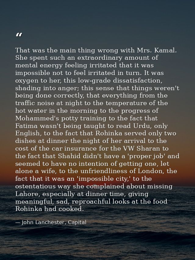 That was the main thing wrong with Mrs. Kamal. She spent such an extraordinary amount of mental energy feeling irritated — John Lanchester, Capital