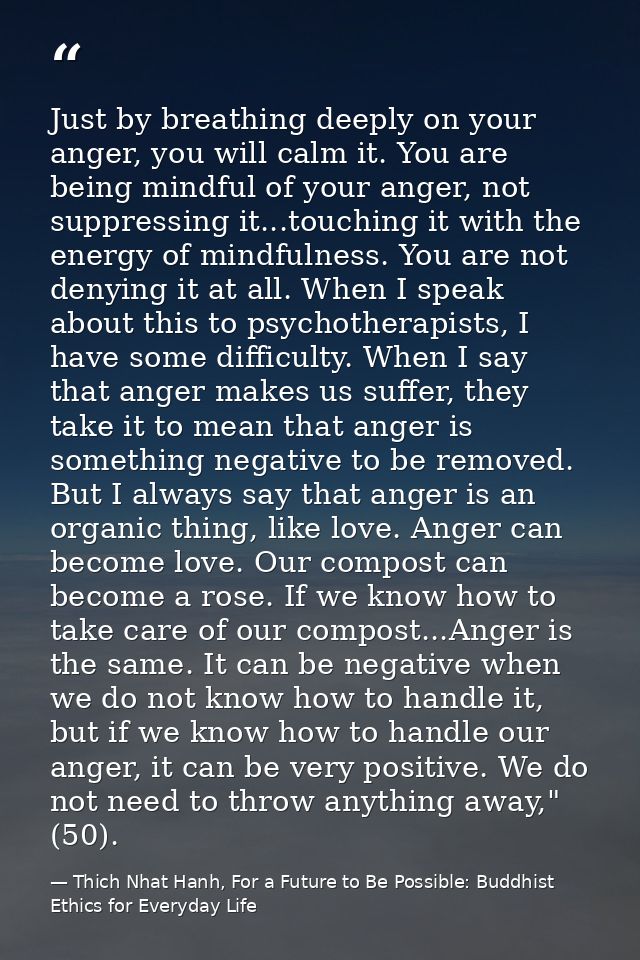 Just by breathing deeply on your anger, you will calm it. You are being mindful of your anger, not suppressing it...touc — Thich Nhat Hanh, For a Future to Be Possible: Buddhist Ethics for Everyday Life