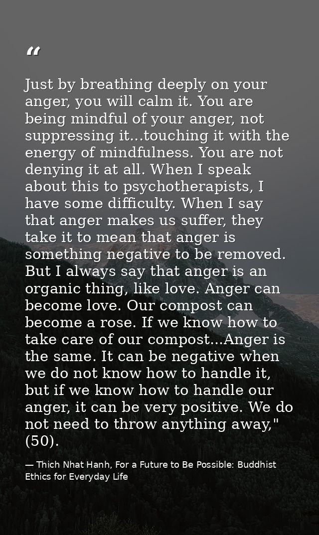 Just by breathing deeply on your anger, you will calm it. You are being mindful of your anger, not suppressing it...touc — Thich Nhat Hanh, For a Future to Be Possible: Buddhist Ethics for Everyday Life