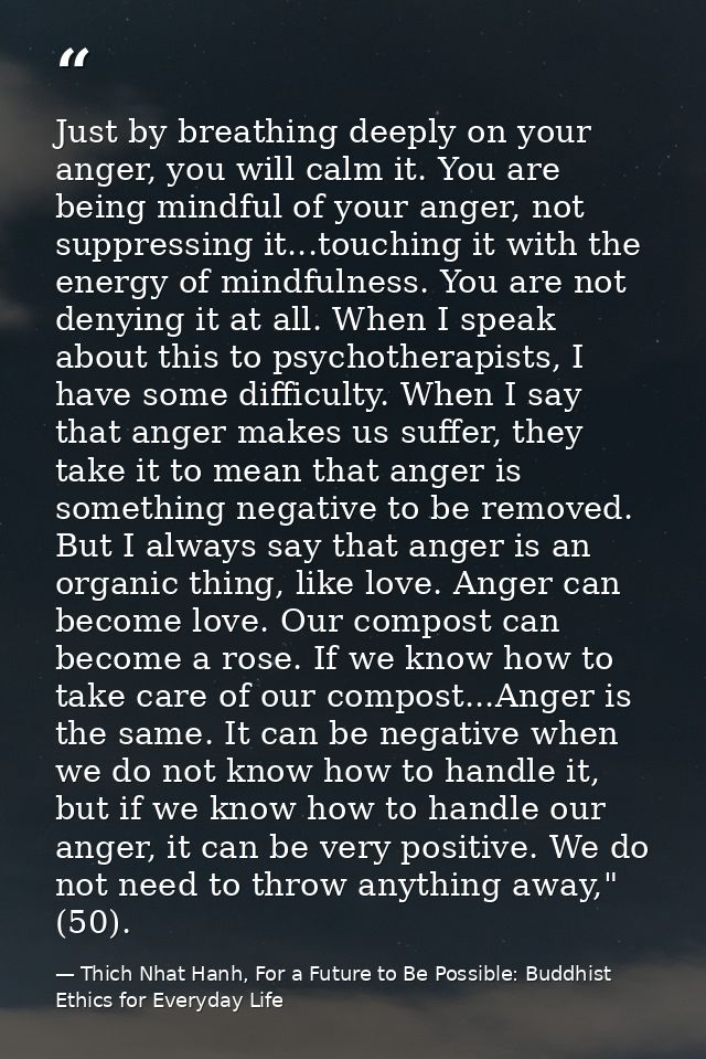 Just by breathing deeply on your anger, you will calm it. You are being mindful of your anger, not suppressing it...touc — Thich Nhat Hanh, For a Future to Be Possible: Buddhist Ethics for Everyday Life