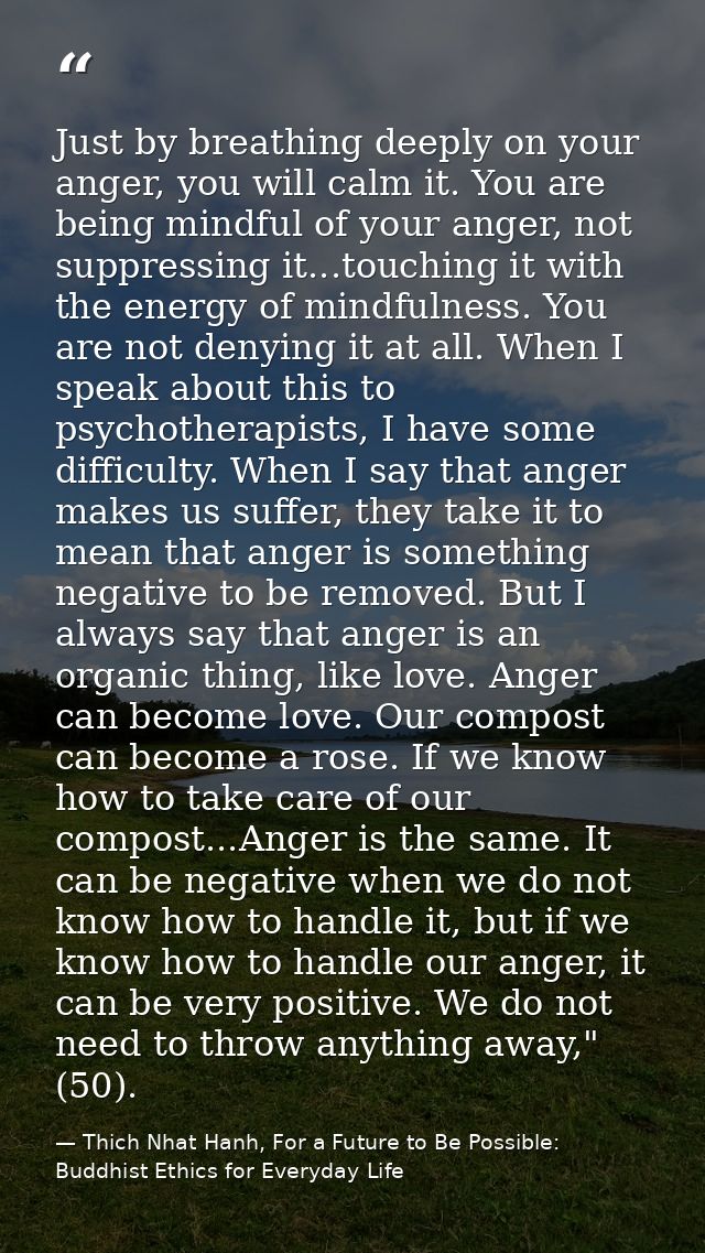 Just by breathing deeply on your anger, you will calm it. You are being mindful of your anger, not suppressing it...touc — Thich Nhat Hanh, For a Future to Be Possible: Buddhist Ethics for Everyday Life