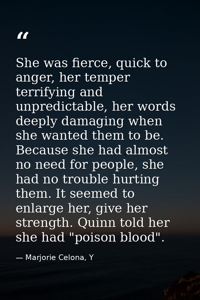 She was fierce, quick to anger, her temper terrifying and unpredictable, her words deeply damaging when she wanted them  — Marjorie Celona, Y