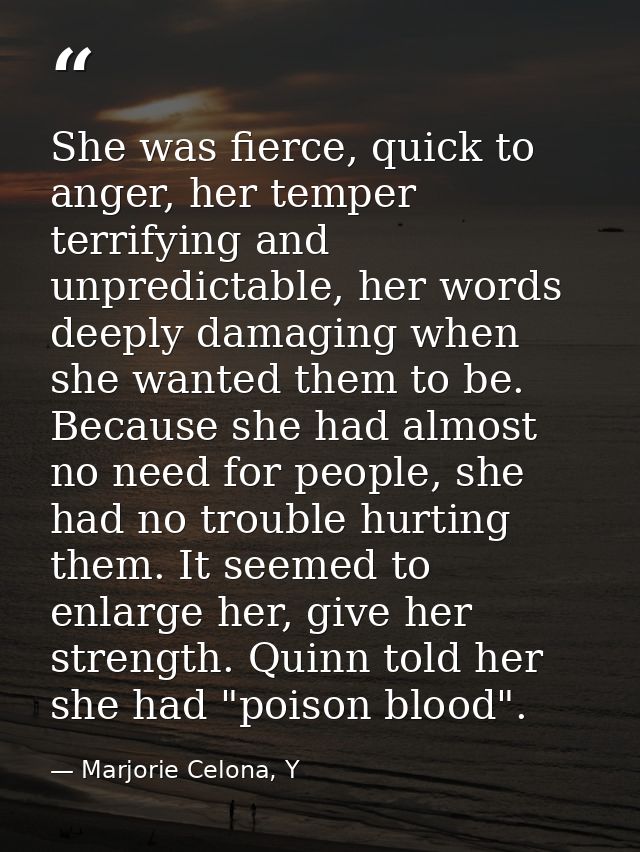 She was fierce, quick to anger, her temper terrifying and unpredictable, her words deeply damaging when she wanted them  — Marjorie Celona, Y