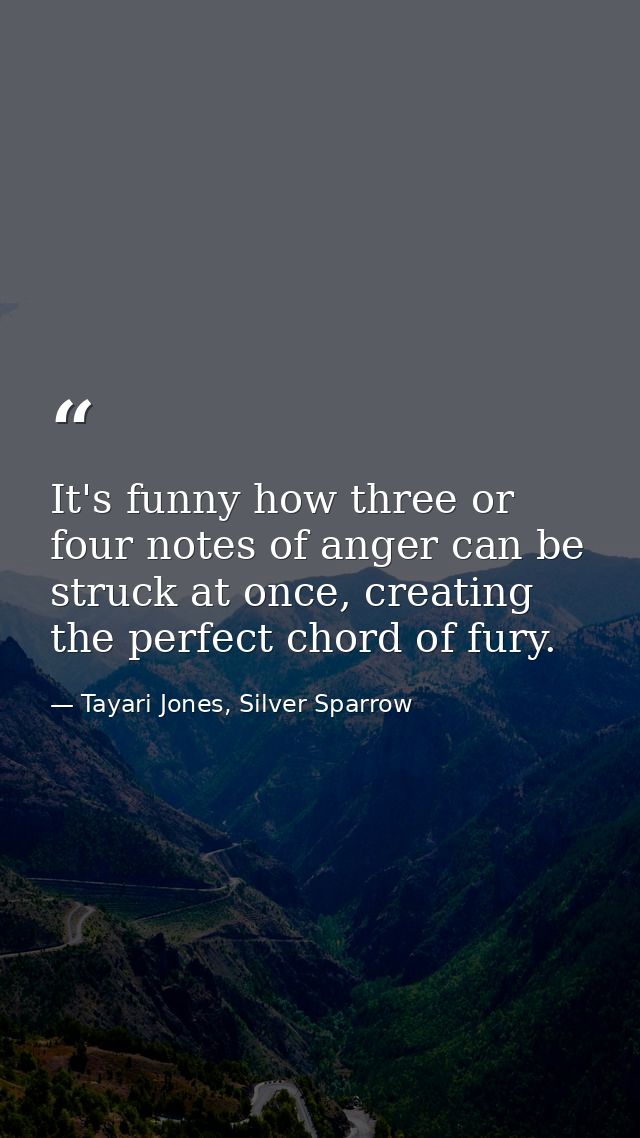It's funny how three or four notes of anger can be struck at once, creating the perfect chord of fury. — Tayari Jones, Silver Sparrow