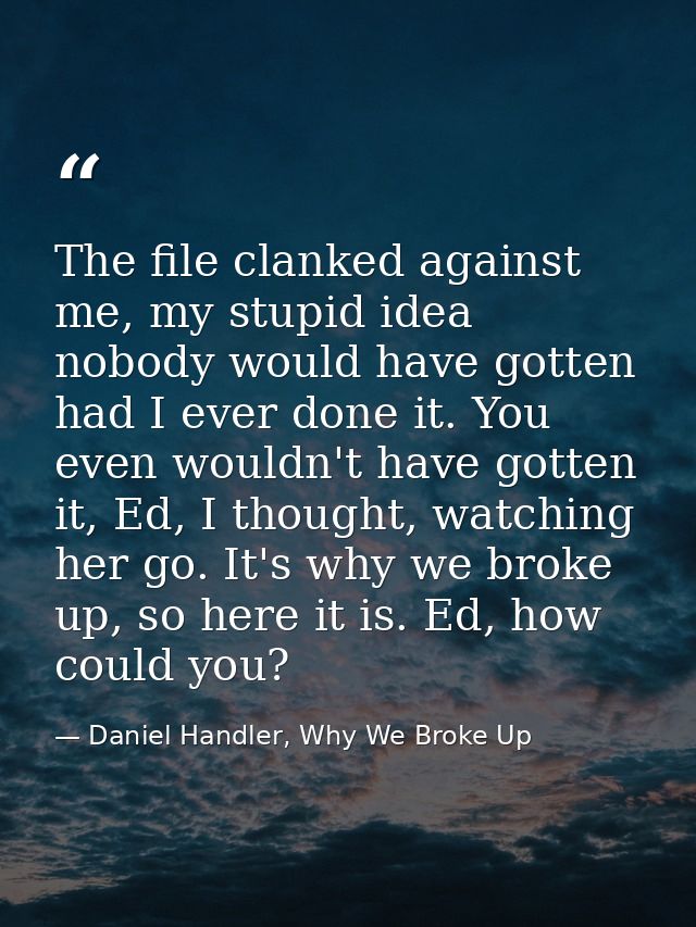 The file clanked against me, my stupid idea nobody would have gotten had I ever done it. You even wouldn't have gotten i — Daniel Handler, Why We Broke Up