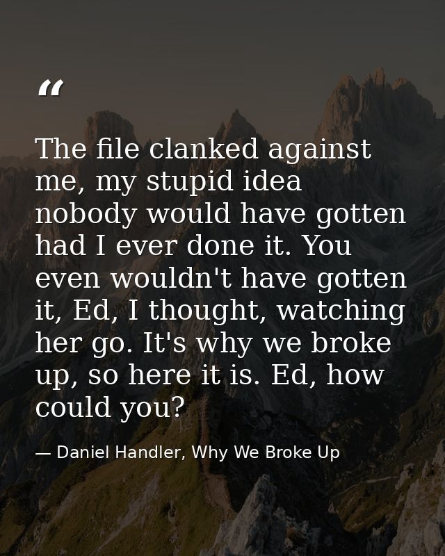 The file clanked against me, my stupid idea nobody would have gotten had I ever done it. You even wouldn't have gotten i — Daniel Handler, Why We Broke Up