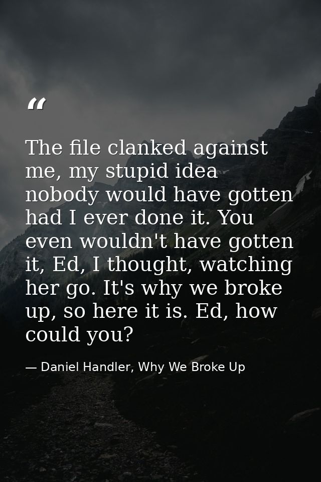 The file clanked against me, my stupid idea nobody would have gotten had I ever done it. You even wouldn't have gotten i — Daniel Handler, Why We Broke Up