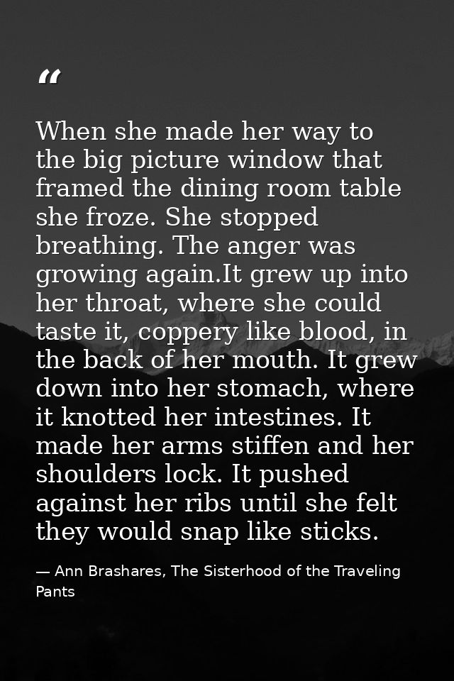 When she made her way to the big picture window that framed the dining room table she froze. She stopped breathing. The  — Ann Brashares, The Sisterhood of the Traveling Pants