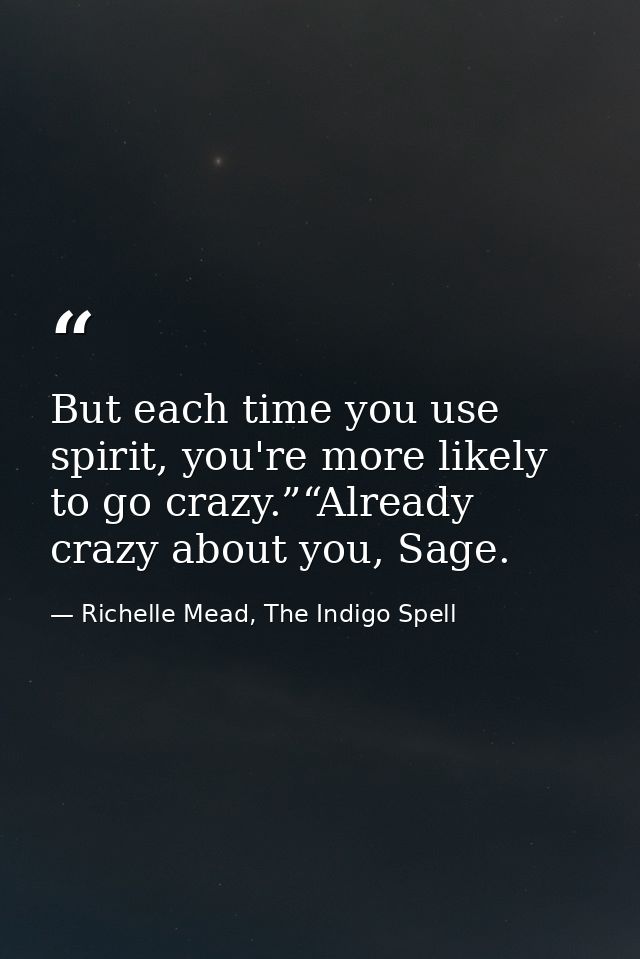 But each time you use spirit, you're more likely to go crazy.”“Already crazy about you, Sage. — Richelle Mead, The Indigo Spell