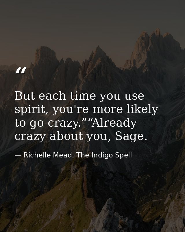 But each time you use spirit, you're more likely to go crazy.”“Already crazy about you, Sage. — Richelle Mead, The Indigo Spell