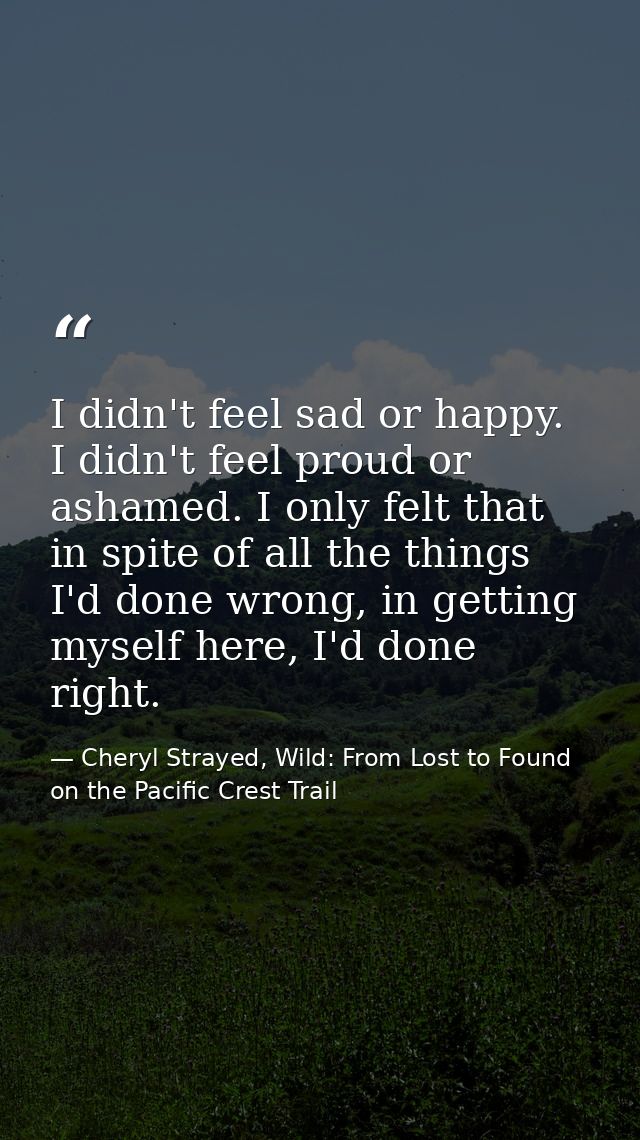 I didn't feel sad or happy. I didn't feel proud or ashamed. I only felt that in spite of all the things I'd done wrong,  — Cheryl Strayed, Wild: From Lost to Found on the Pacific Crest Trail