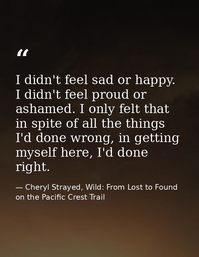 I didn't feel sad or happy. I didn't feel proud or ashamed. I only felt that in spite of all the things I'd done wrong,  — Cheryl Strayed, Wild: From Lost to Found on the Pacific Crest Trail