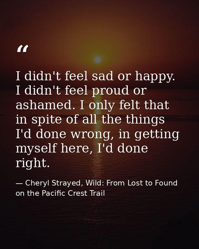I didn't feel sad or happy. I didn't feel proud or ashamed. I only felt that in spite of all the things I'd done wrong,  — Cheryl Strayed, Wild: From Lost to Found on the Pacific Crest Trail
