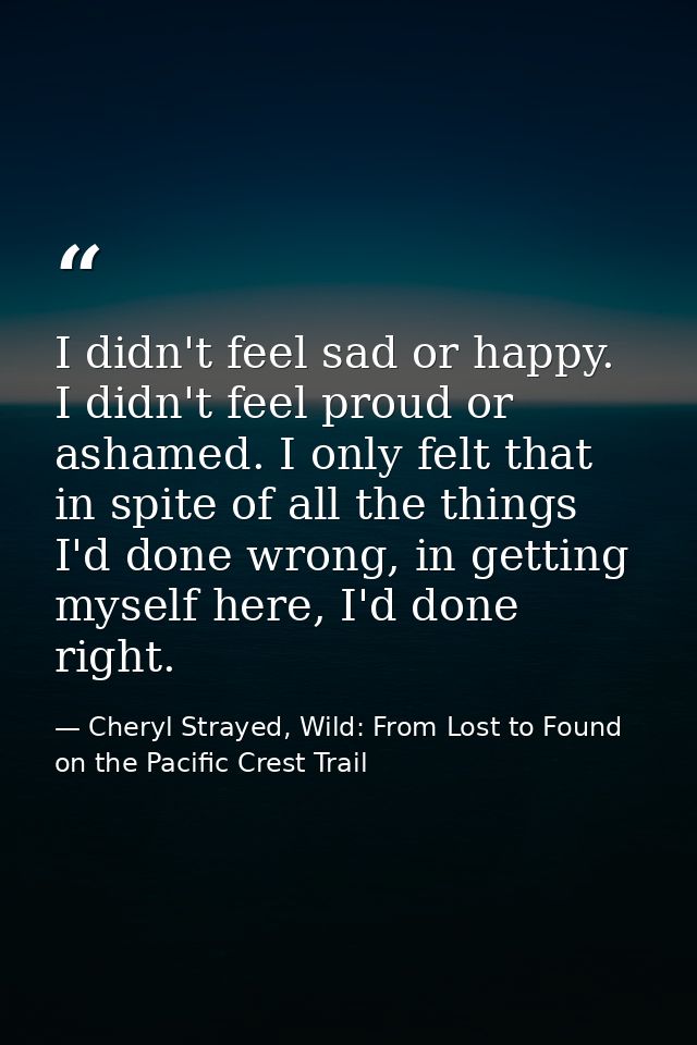 I didn't feel sad or happy. I didn't feel proud or ashamed. I only felt that in spite of all the things I'd done wrong,  — Cheryl Strayed, Wild: From Lost to Found on the Pacific Crest Trail