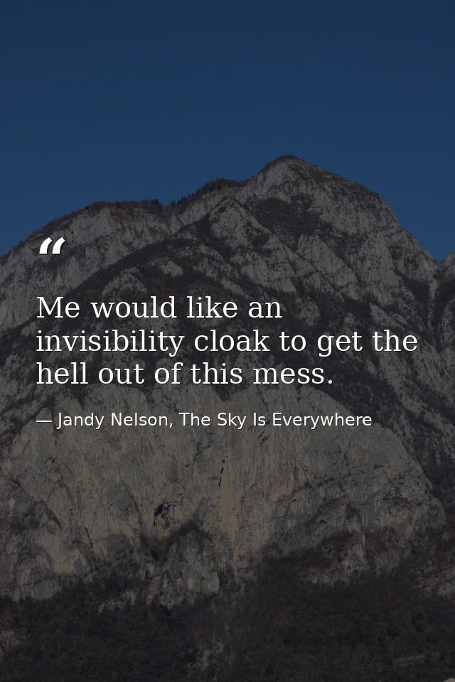 Me would like an invisibility cloak to get the hell out of this mess. — Jandy Nelson, The Sky Is Everywhere