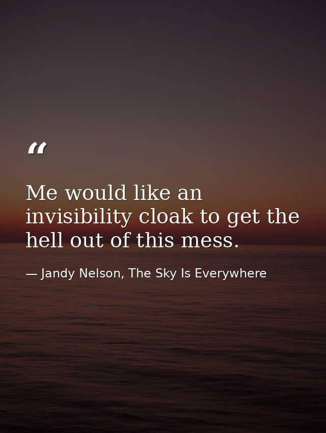 Me would like an invisibility cloak to get the hell out of this mess. — Jandy Nelson, The Sky Is Everywhere